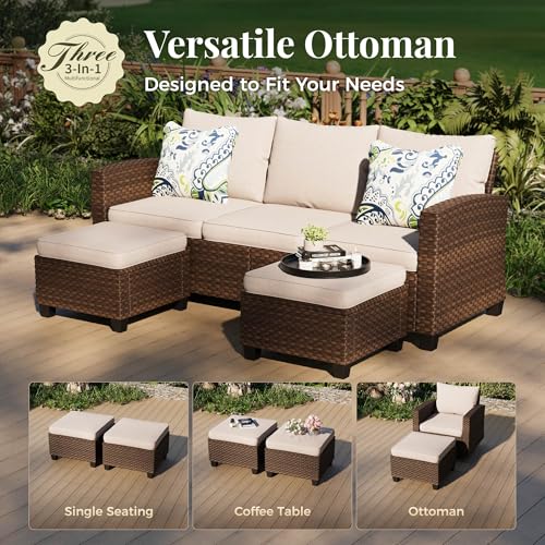 Patio Furniture Set, 8 Pcs Wicker Rattan Outdoor Conversation Set, 4 x Leg Chairs, 1 x 3 Seater Sofa and 2 x Ottoman with 4" Thick Cushion and 56" Fire Pit Table, Beige