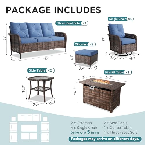 12 Piece Outdoor Patio Furniture Set with 44'' Fire Pit Table, Wicker Rattan Outdoor Furniture with High Back Swivel Rocker Chairs, Outdoor Sofa Set with Thick Cushion & Ottoman, Navy Blue