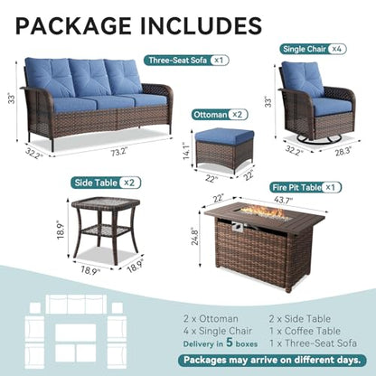 12 Piece Outdoor Patio Furniture Set with 44'' Fire Pit Table, Wicker Rattan Outdoor Furniture with High Back Swivel Rocker Chairs, Outdoor Sofa Set with Thick Cushion & Ottoman, Navy Blue