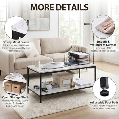 2-Tier Coffee Table with Storage Shelf for Small Apartment Living Room, Rectangle Wood and Stable Metal TV Stand Side End Table, White Marble