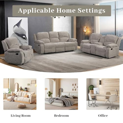 Soft Microfiber Reclining Sofa Set, Drop Down Table, Cupholder Console, Living Room Set, Sofa Loveseat Glider Chair 8018M (Light Grey, Sofa+Loveseat+Chair)