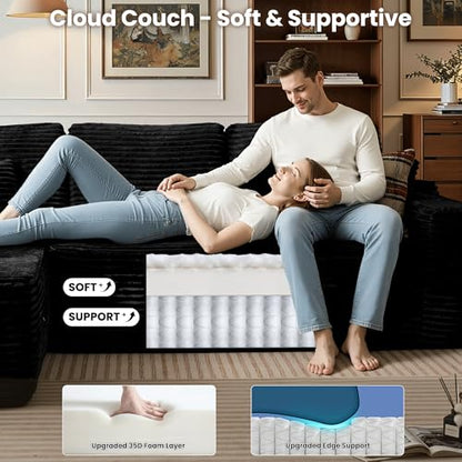 106" Cloud Sectional Couch with Chaise Lounge,L Shaped Modular Modern Sofa,Comfy Corduroy Fluffy Sofa with Deep Seat,No Assembly Required Couch for Living Room(Left,Plush Corduroy,Black)