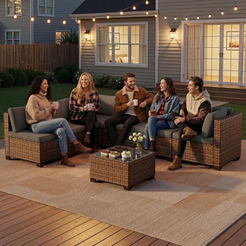 7 Pieces Patio Furniture Set, Outdoor Sectional Rattan Sofa Set, Wicker Patio Conversation Set with Cushions and Glass Coffee Table, for Balcony, Porch, Garden, Grey
