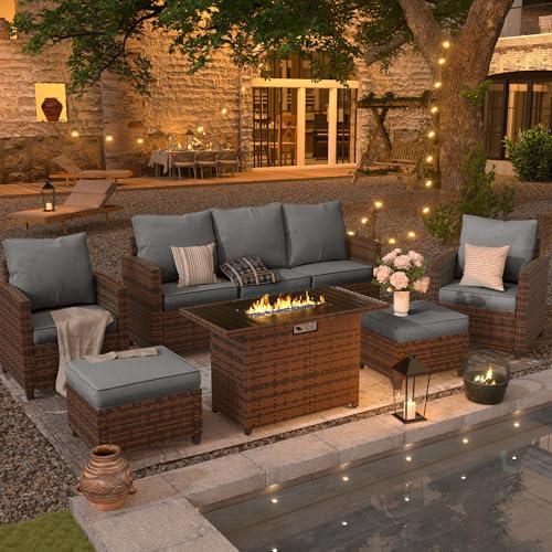 Outdoor Patio Furniture Set with 44" Fire Pit Table, 6 Pieces Sectional Conversation Sets, All-Weather Wicker Rattan Sofa Ottoman with 4" Thick Cushion for Garden Backyard Deck, Dark Grey