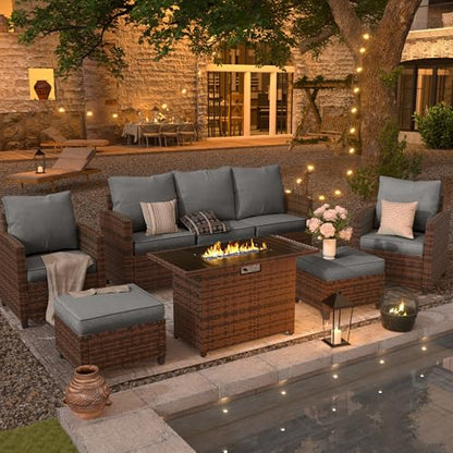 Outdoor Patio Furniture Set with 44" Fire Pit Table, 6 Pieces Sectional Conversation Sets, All-Weather Wicker Rattan Sofa Ottoman with 4" Thick Cushion for Garden Backyard Deck, Dark Grey