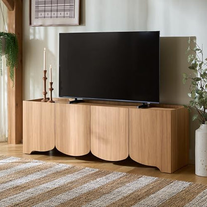 SAFAVIEH Furniture - Takami Media Stand for TVs up to 75" - Oak 4-Door Modern Entertainment Console with Storage Cabinets (MED3604A)