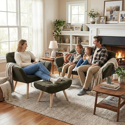 Green Sherpa Accent Chair with Ottoman ，Modern Reading Chairs with Ottoman Set, Comfy Fuzzy Armchair Living Room Chair Lounge Chair with Wood Legs for Small Spaces Bedroom Apartment