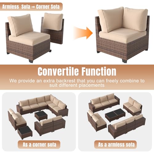 12 Pieces Patio Furniture Set Wicker Rattan Outdoor Sectional Conversation Set with Coffee Table and 4” Thickened Cushions, Beige (Waterproof Cover Included)