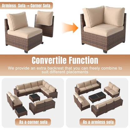 12 Pieces Patio Furniture Set Wicker Rattan Outdoor Sectional Conversation Set with Coffee Table and 4” Thickened Cushions, Beige (Waterproof Cover Included)