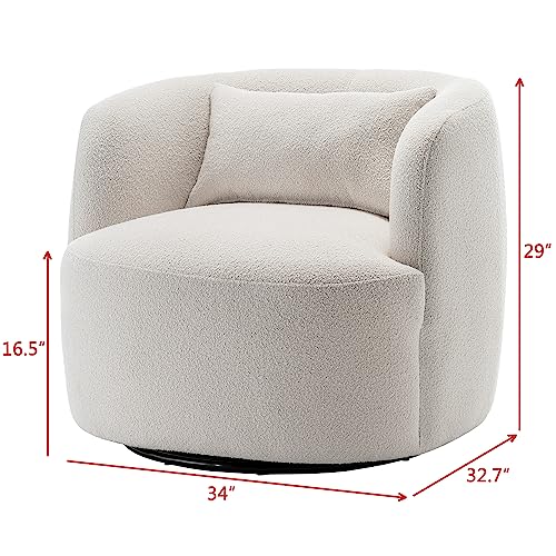 34" Wide Sherpa Swivel Barrel Chair, No Assembly Round Boucle Upholstered Accent Chair Armchair Single Sofa Chair with Toss Pillow for Living Room and Bedroom, Beige