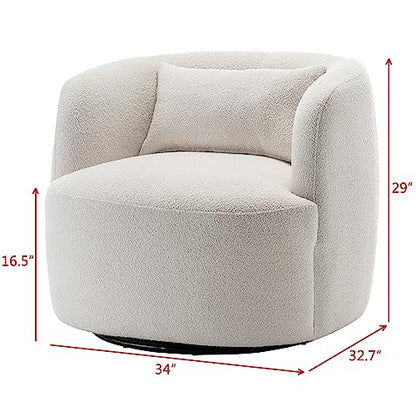 34" Wide Sherpa Swivel Barrel Chair, No Assembly Round Boucle Upholstered Accent Chair Armchair Single Sofa Chair with Toss Pillow for Living Room and Bedroom, Beige