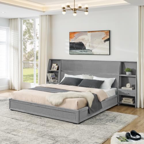 JIVOIT King Storage Platform Bed, Upholstered Headboard, Side Bookcases & Drawer (Gray-King-2)