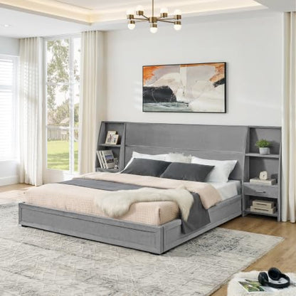 JIVOIT King Storage Platform Bed, Upholstered Headboard, Side Bookcases & Drawer (Gray-King-2)