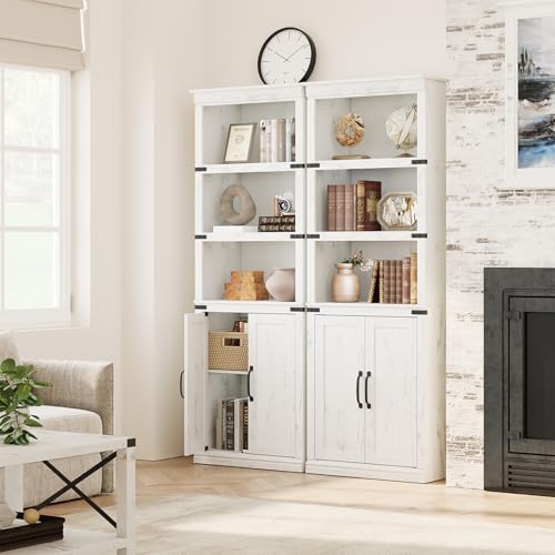 GAOMON Farmhouse Bookcases with Doors, 5 Tier Bookshelf with Storage, 70 inch Tall Bookshelf and Bookcase, Wooden Storage Cabinet for Living Room, Home, Office, Bedroom (Antique White)