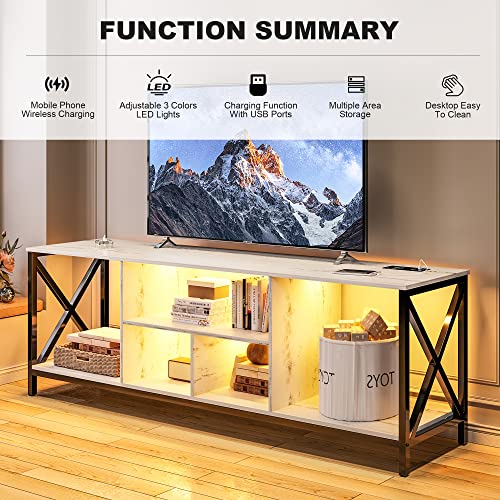 75 Inch TV Stand with LED Lights, Industrial Entertainment Center TV Console Table with Storage, LED TV Stands Cabinet with Charging Station for Living Room,Bedroom (White)