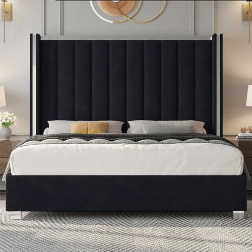 Queen Upholstered Bed Frame with 58" Tall Headboard,Black, view 6
