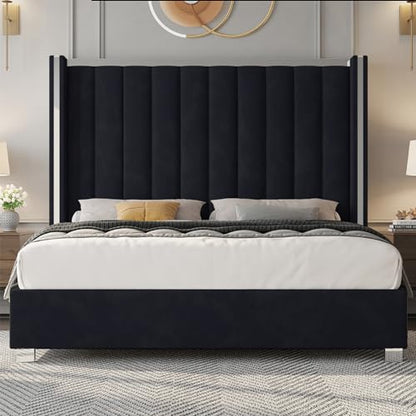 Queen Upholstered Bed Frame with 58" Tall Headboard,Black, view 6