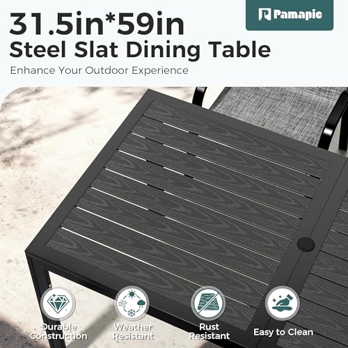 Outdoor Dining Sets for 6, Rectangular Steel Slat Table with 6 Textilene Chairs, 7 Piece Patio Table and Chairs Set with Umbrella Hole for Patio, Garden, Backyard and Poolside (Grey)