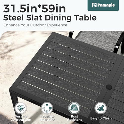 Outdoor Dining Sets for 6, Rectangular Steel Slat Table with 6 Textilene Chairs, 7 Piece Patio Table and Chairs Set with Umbrella Hole for Patio, Garden, Backyard and Poolside (Grey)