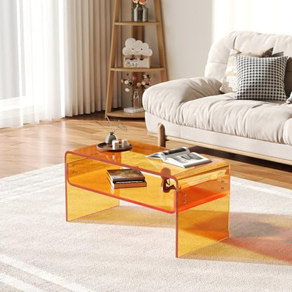 Acrylic Coffee Table, Orange Rectangle Side Table Furniture, Modern Tea Table with Open Storage for Living Room, Office Reception and Bedroom
