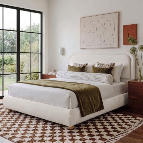 Boucle Cloud Queen Bed Frame with Headboard, Solid Wood Legs, Creamy, view 4