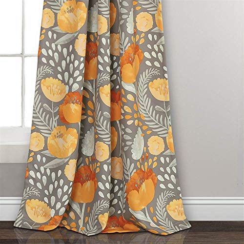 x 52” Yellow and Gray Poppy Garden Curtains Light Filtering Window Set for Living, Dining, Bedroom, 95 in L Panel Pair, Yellow & Gray