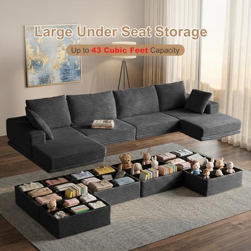 142" Modular Sectional Sofa with Storage, 6-Seater High Density Foam Boneless Couch with Ottoman, 27" Deep Corduroy Oversized Cloud Couch for Living Room, Tool-Free Assembly, Dark Gray
