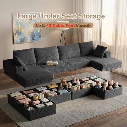 142" Modular Sectional Sofa with Storage, 6-Seater High Density Foam Boneless Couch with Ottoman, 27" Deep Corduroy Oversized Cloud Couch for Living Room, Tool-Free Assembly, Dark Gray
