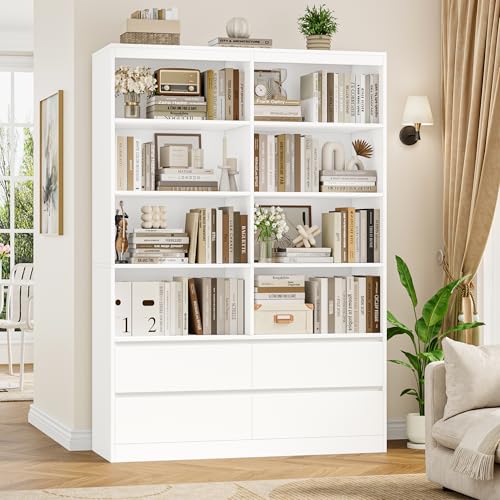 71" White Bookshelf with Drawers, 6-Tier Double Wide Bookshelves and Bookcases with Storage, Tall Bookshelf Large Open Book Shelf Standing Book Case for Home Office, White