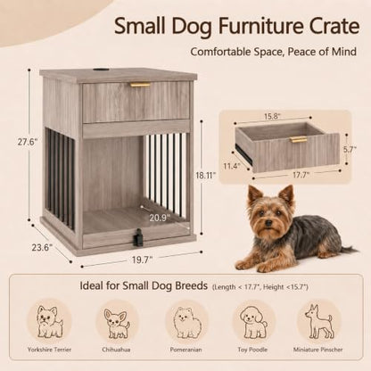 3-in-1 Dog Crate End Table with Charging Station & Drawer (Antique Grey), view 3