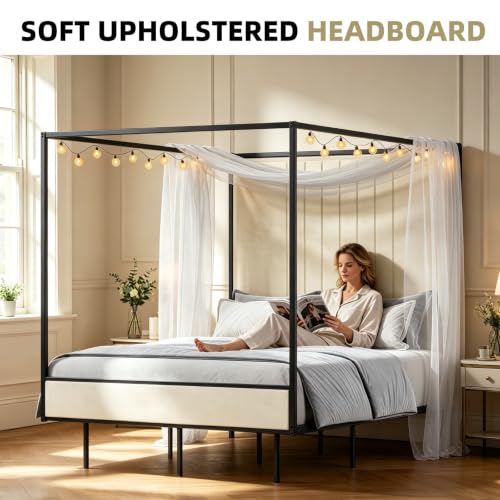 Queen Canopy Bed with Tall Headboard, Charging Station & LED Light (Black), view 5