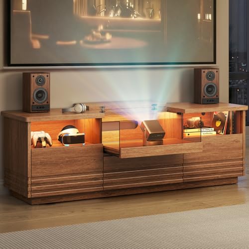 Fluted TV Stand with LED, Mid-Century Modern TV Cabinet, Brown, view 2