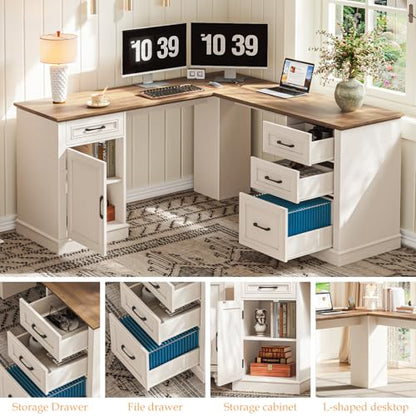 Farmhouse 59" L-Shaped Executive Desk with Drawers, Wood Home Office Corner Desk with Charging Station, File Drawer, Storage Cabinet, Rustic Computer Writing Desk for Home Office (Unique White)