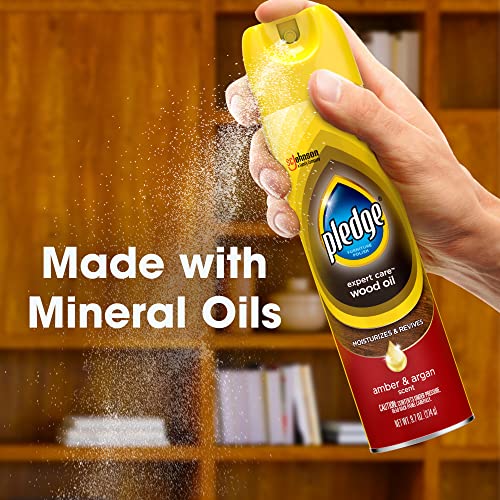 Pledge Moisturizing Wood Oil, Furniture Reviving & Protecting Conditioner and Dusting Spray, Revitalizes Wood, Sealed Leather & Laminate, Made with Mineral Oils - Amber & Argan Scent, 9.7oz, Pack of 3