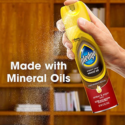 Pledge Moisturizing Wood Oil, Furniture Reviving & Protecting Conditioner and Dusting Spray, Revitalizes Wood, Sealed Leather & Laminate, Made with Mineral Oils - Amber & Argan Scent, 9.7oz, Pack of 3