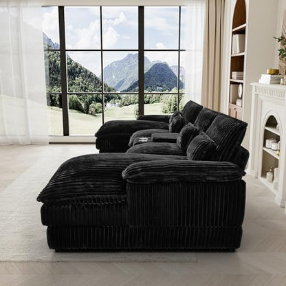 124" U Shaped Cloud Couch Sectional, Comfy Fluffy Plush Corduroy Black Sectional Couches for Living Room, Modern Modular Corduroy Couch Sectionals with Central Console & Double Chaise Lounge