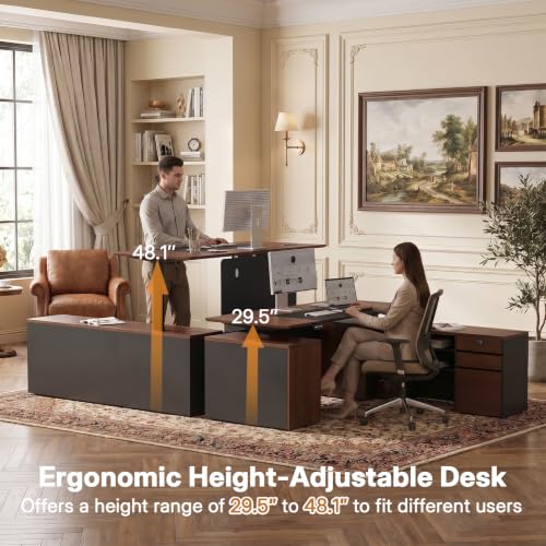 71" L Shaped Executive Standing Desk with File Cabinet, Power Outlet & USB, view 4