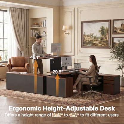 71" L Shaped Executive Standing Desk with File Cabinet, Power Outlet & USB, view 4