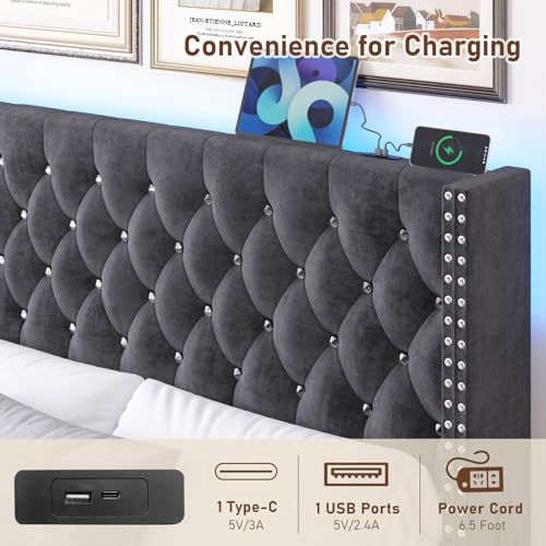Queen LED Upholstered Bed Frame with Wingback Headboard, view 5