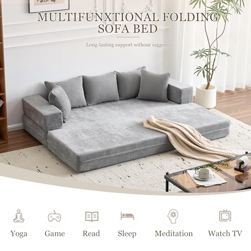 79" Convertible Folding Sofa Bed Queen, Sleeper Sofa Couch with Armrest and Pillows, Chenille Fold Out Floor Chaise Lounge, Comfy Foldable Futon Mattress for Living Room, Bedroom (Grey 7.87")