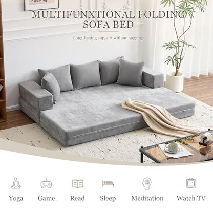 79" Convertible Folding Sofa Bed Queen, Sleeper Sofa Couch with Armrest and Pillows, Chenille Fold Out Floor Chaise Lounge, Comfy Foldable Futon Mattress for Living Room, Bedroom (Grey 7.87")