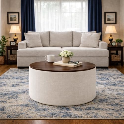 Modern Fabric Storage Ottoman with Wood Top - Stain-Resistant Cream Woven 30 x 30 inch