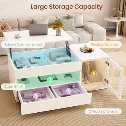 39.4" Lift Top Coffee Table with 2 Drawers, Modern LED Coffee Tables for Living Room, Coffee Table with Glass Storage Cabinet, White