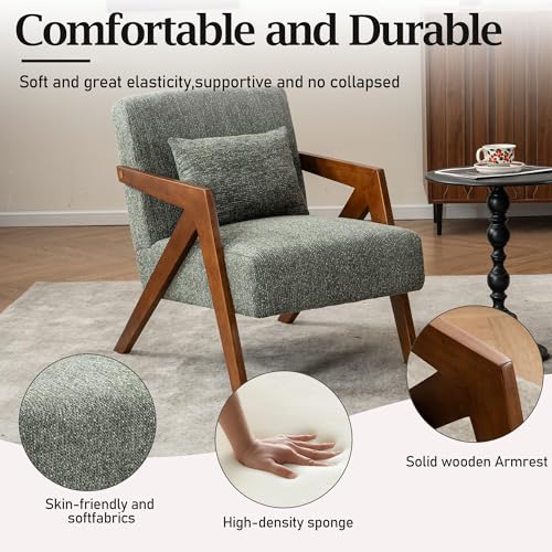 Mid-Century Modern Accent Chair Set of 2 with Solid Wood Frame，Upholstered Chenille Living Room Arm Chairs with Pillow for Bedroom, Living Room, Reading Room, Balcony, Green