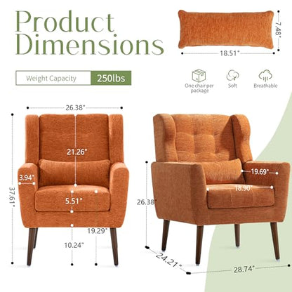 Accent Arm Chairs for Living Room, Chenille Upholstered Mordern Armchair, Comfy Soft Padded Lounge Chair in Small Spaces, Bedroom, Pillow, Solid Wood Leg, Orange