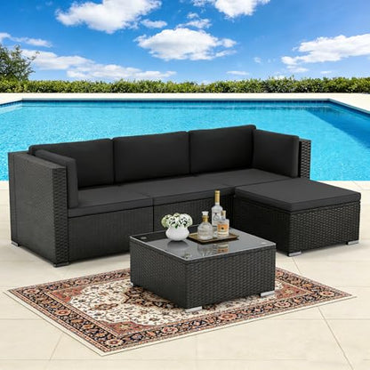 5-Piece Outdoor Patio Furniture Set, All-Weather PE Rattan Sectional Sofa with Ottoman, Glass Coffee Table & Cushions, Modular Wicker Conversation Set for Backyard, Garden, Porch, Dark Grey
