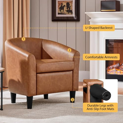 Leather Accent Chair, PU Leather Modern Barrel Chair Club Armchair with Soft Padded for Living Room Bedroom, Brown, Set of 2