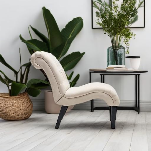 Mid Century Modern Accent Chair, Button Tufted Armless Lounge Chair, Upholstered Linen Side Chair with Solid Wood Legs for Bedroom, Living Room, Office