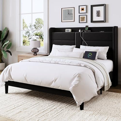 Queen Size Platform Bed Frame with Charging Station & Storage Headboard, view 2