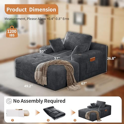 67" Oversized Chaise Lounge Chair Indoor, Corduroy Upholstered Boneless Sofa Bed, view 3